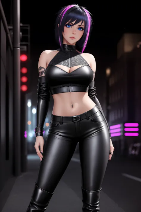 beautiful girl, ((standing:1.4)), (confident gaze:1.1), full body, short bright neon streaked black hair, ((realistic highly detailed eyes:1.4)), ((seductive pose:1.2)), black eyeshadow, (street style wear:1.2), ((tight fitted pants)), ((knee high leather ...