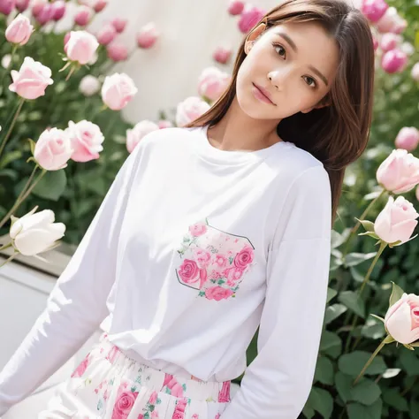 Tops：A long-sleeved white T-shirt、「Smaile beauty Moerin」A pink cursive logo is printed on the chest.。
Around the logo are twinkling stars and roses.、Printed with scattered illustrations of tulips