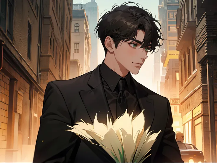 ((a young man in a black suit and tie)), taken in the early 2020s, gotham, alejandro, he looks very sophisticated, (((left side swept bang black short hair))), (dark green eyes and thick eyebrows), smirk. ((20 years old)), ((Black suite and black tie)), ma...