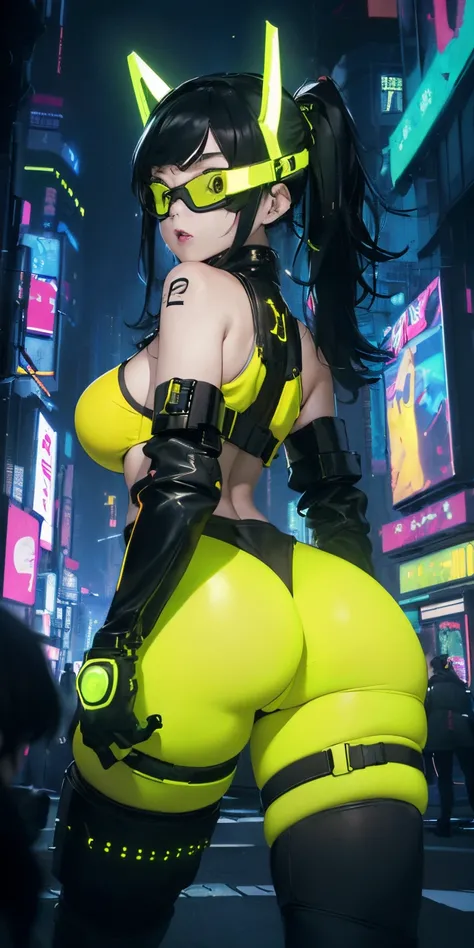 top-quality))、((​masterpiece)、big tits cyberpunk、Big buttocks、Electronic visor attached to 12-year-old girls face with emphasis on buttocks、Cyberpunk Fashion、Sexy Posing、((Wearing yellow body spats on the lower body))、Breasts enlarged、Neon lights in dark c...