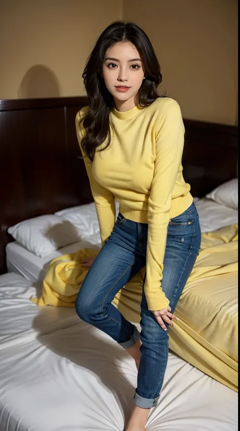 Best quality, full-body portraits, delicated face, Nice face,  Slim figure, Yellow tight sweater，Skinny blue jeans，cabelos preto e longos，Cute big breasts，Bedrooms，bedridden，ssmile，Get up，Strike elegant poses