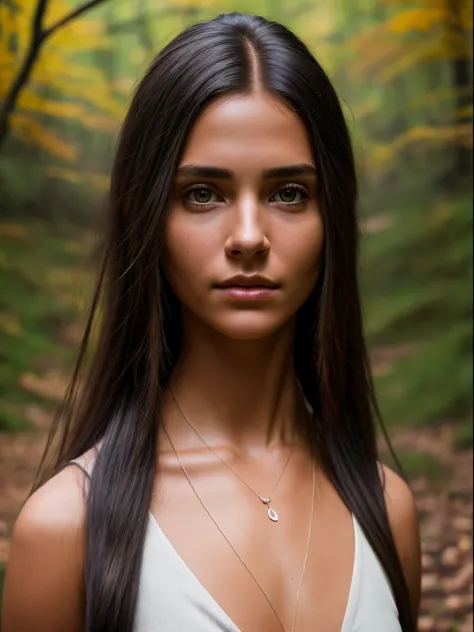 (Realistic:1.5), photorealistic, RAW photo, analog photo style, depth of field, ultra detailed photo of american indian woman, cute face, perfect body, dressed in minimal and sexy clothing with native and futuristic elements, 20 years old, she tilted her h...