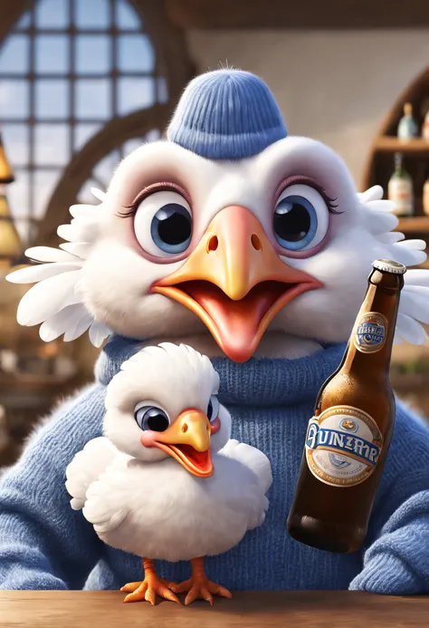 The cute white turkey in the blue sweater is drinking beer， the big beer bottle is bubbling with foam，3Drenderingof, Focus sharp, ultra-realistic realism, Fluffy, fantasy engine, 5 quality rendering, 3 Rendering, furry art,Brand advertising, Creative poste...