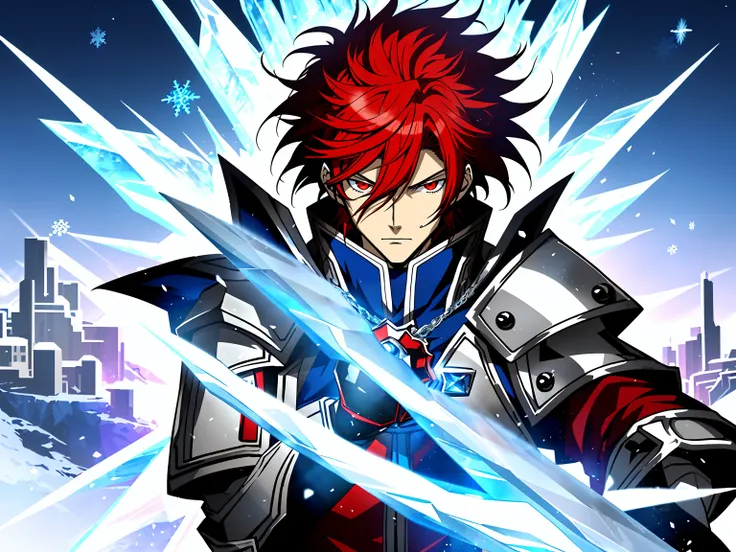 Anime character with long red hair in the snow scene, Ice Mage,Tall anime characters，red eyes, Key anime art, male anime characters, ice crystal armor, Detailed key animation art, Magic Knight complete avatar, Infrared sleeve, Possess the power of ice