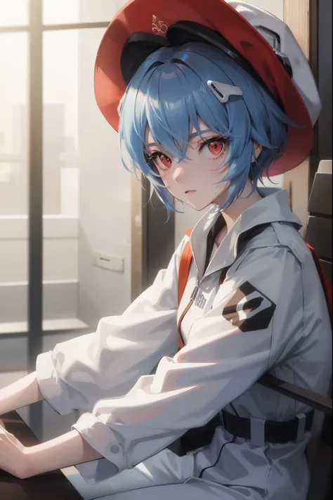 Lea Yabo, ayanami rei, Blue hair, short detailed hair, (red eyes:1.5),
Rest jumpsuit, Hats, Plug set, White jumpsuit,
BREAK outdoors, 城市,
BREAK looking at viewer, 
BREAK BREAK BREAK (tmasterpiece:1.2), Best quality at best, A high resolution, Unity8k wallp...