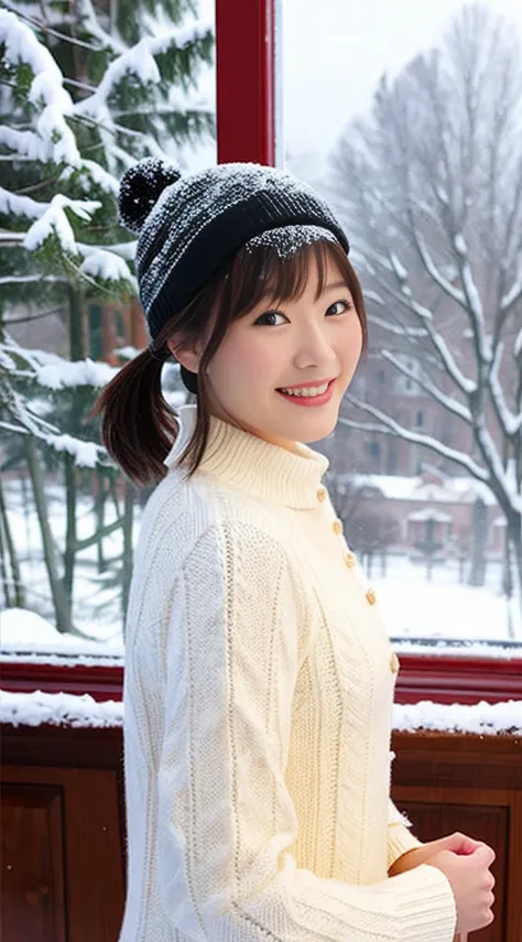 38 years old, A beautyful girl, Full body photo, The chest is small, By bangs、NSFW、barechested、A smile、snow landscape、pony tails、There was snow outside the window