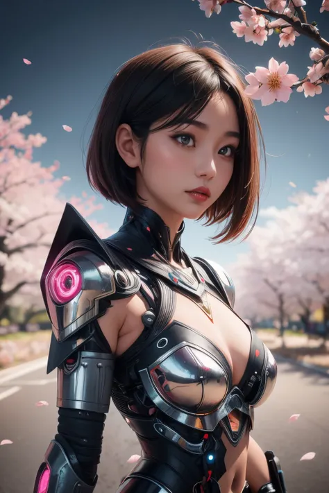 beautiful japanese young woman, wearing cyborg armor, thick symmetrical features, very short hair, background is cherry blossoms, pink aura, red lips, octane render,