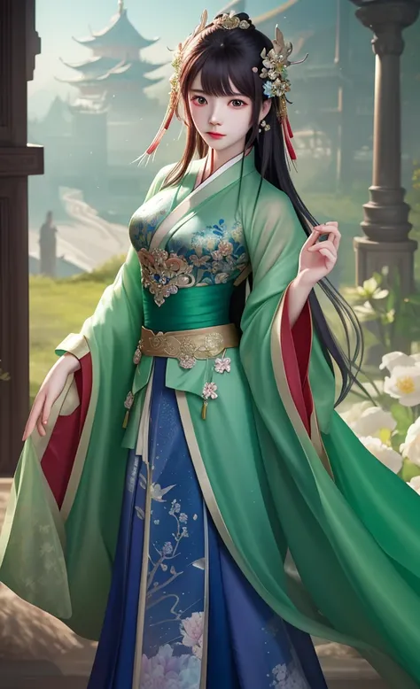 there is a woman with a flower in her hair and a green dress, palace ， a girl in hanfu, artwork in the style of guweiz, guweiz, beautiful character painting, by Yang J, by Li Fangying, guweiz on pixiv artstation, ((a beautiful fantasy empress)), by Li Song...