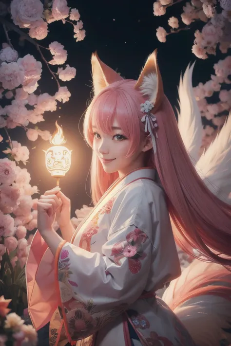 beautiful japanese young woman,Solo, Happy smiling official art, Unity 8k wallpaper, Ultra detailed, Beautiful and aesthetic, Beautiful, Masterpiece, Best quality, Kitsune witch, kitsune mask, Pink and white haori jacket, Foxfire spell, The fox is familiar...