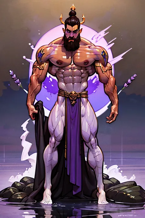 ((Confident pose:1.5)), a painting of a (((muscular))) man with water Aura, large body of water surrounds man, The God Poseidon, ((thick muscular thighs)), The God of the Sea, brown loincloth, golden horns on head, Poseidon, colored lavender skin, colored ...