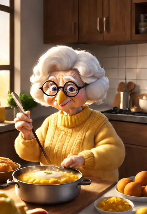 cute white turkey grandma in yellow sweater with reading glasses is cooking，3 rendering, focus sharp, ultra-realistic realism, f...