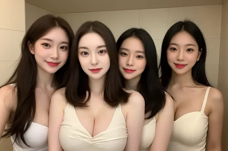 ((realistic, pale white skin:1.3,high resolution:1.3)), 3 young girl with perfect figure, three people standing side by side:1.2, (gigantic breasts:1.3),half body,light smile, super fine face and eyes, long hair, white veil: 1.2 , standing, in the bathroom...