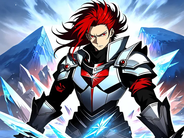 Anime character with long red hair in the snow scene, Ice Mage,Tall anime characters，red eyes, Key anime art, male anime characters, ice crystal armor, Detailed key animation art, Magic Knight complete avatar, Infrared sleeve, Possess the power of ice