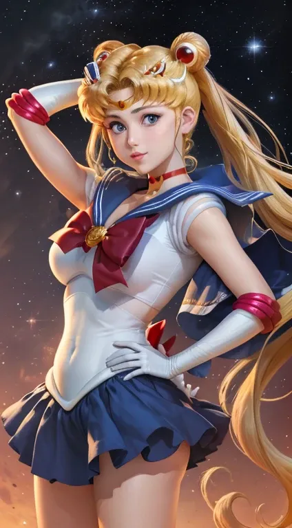 ,masterpiece, best quality, high resolution, 1 girl, solo, A real life adaption of tsukino usagi, from the world of Sailor Moon, exquisite face, hand on hip pose