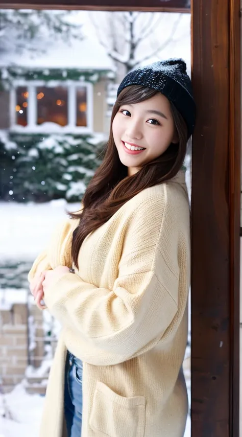 28 years old, A beautyful girl, Full body photo, The chest is small, By bangs、NSFW、barechested、A smile、snow landscape、pony tails、There was snow outside the window