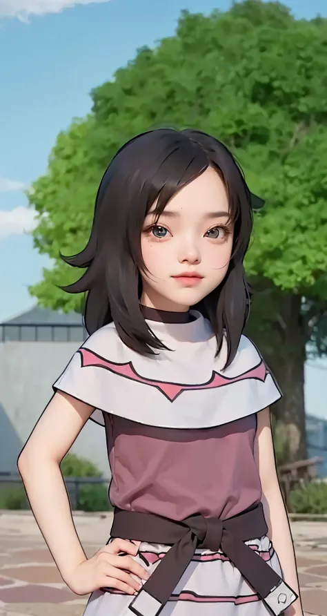 Real life adaption of this character ,The beauty face of a girl, realistic same hair , (realistic same outfit), realistic background , realistic light, realistic shadow, realism, hyper realistic,(photorealistic:1.2), normal small eyes,her eyes is red color