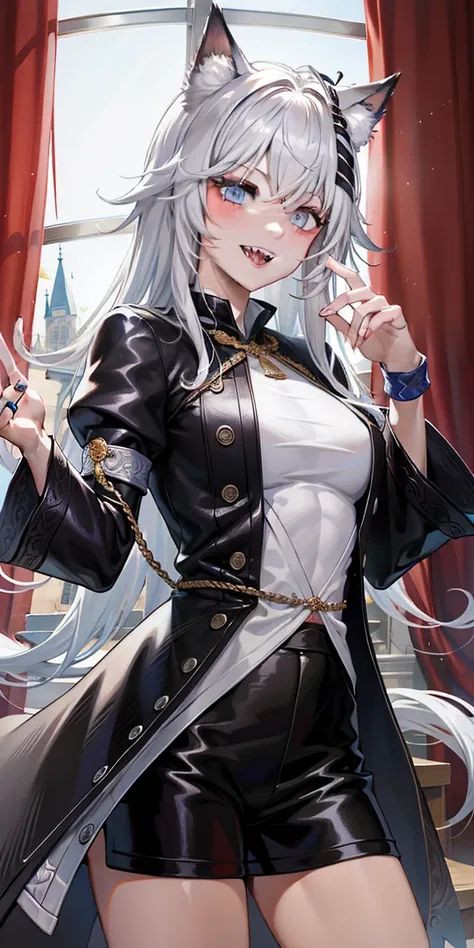 tmasterpiece，best qualtiy，a high resolution，独奏， original costume 1， white color hair，slightly toothy，wicked laugh，in medieval ca...