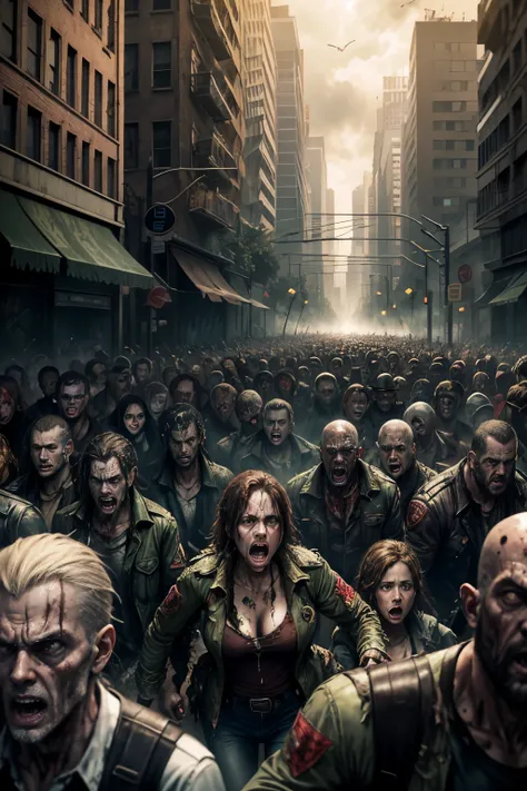 Zombies tearing at crowds in the streets，Outbreak of zombie virus in the crowd，Chaotic and dilapidated streets，A crowd fleeing in panic，Armageddon，Zombie games，Resident Evil，Realistic scenes，ultraclear，Lots of detail