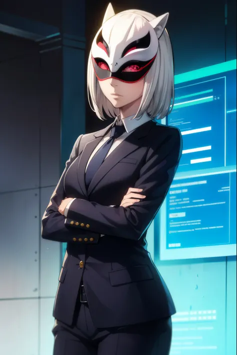 girl, wearing a hacker mask, wearing a suit set, white mask, Mustaches in the mask