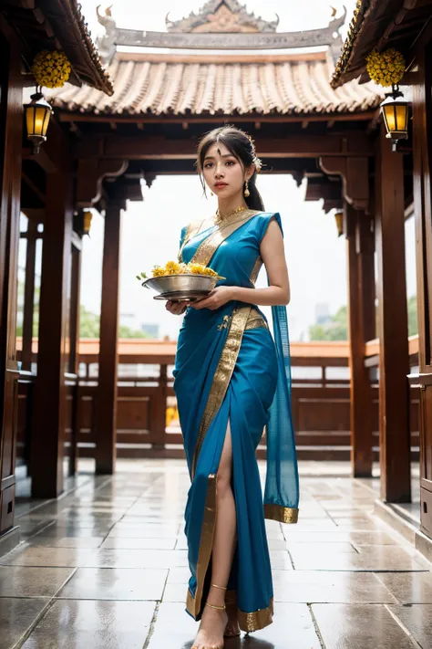 Masterpiece,Row photo, details, hyper realistic,arafed woman in a blue sari holding a plate of flowers, sukhothai costume, in style of thawan duchanee, "Loy Krathong Festival", traditional beauty, anime thai girl, south east asian with long, nivanh chantha...