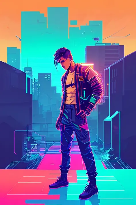 snthwve style nvinkpunk award winning half body portrait of a man in a croptop and cargo pants with ombre navy blue teal hairstyle with head in motion and hair flying, paint splashes, splatter, outrun, vaporware, shaded flat illustration, digital art, tren...