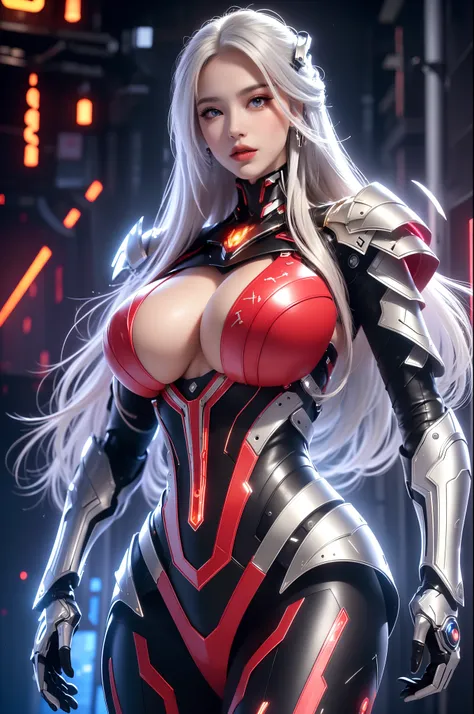 (masterpiece), best quality, expressive eyes, perfect face, beautiful details face, beautiful round eyes, upper body, A beautiful mature woman in cybernetic armour suit shows her Extremely busty and attractive breasts, (light smile), (random hair colours),...