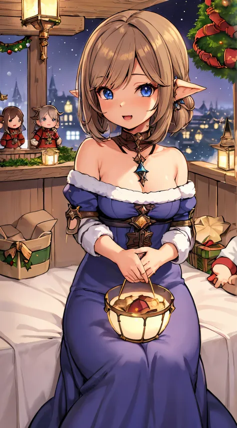 Lalafell, final fantasy 14, blue eyes, light brown hair, 89cm bodyheight, Long dress, Christmas time, golden earring, Final fantasy xiv city.