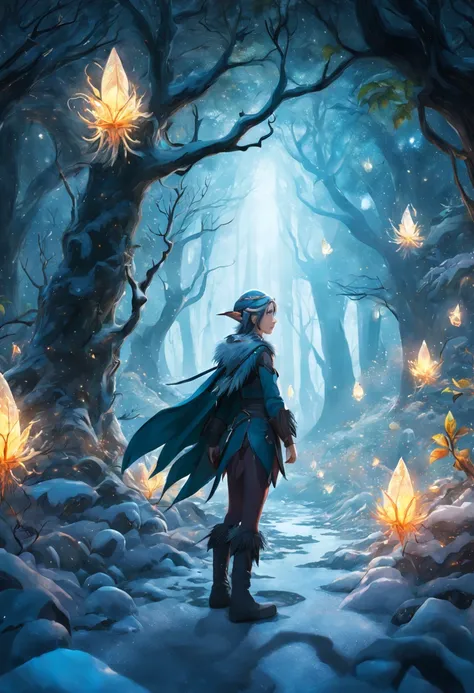 adventure, Fantastic snow and ice jungle, ice witch, Colorful ice magic, Glowing Elves, Natural elements in the forest theme, Colorful snow and ice jungle, Epic fantasy art style, Delicate leaves and branches are surrounded by fireflies（nature elements）, （...