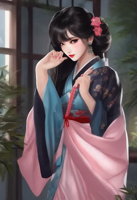 （Best quality at best，tmasterpiece），1girl，dignified，The eyes are cold，Pull up your hair，black color hair，Pink loose kimono，solid blue background，Comic style