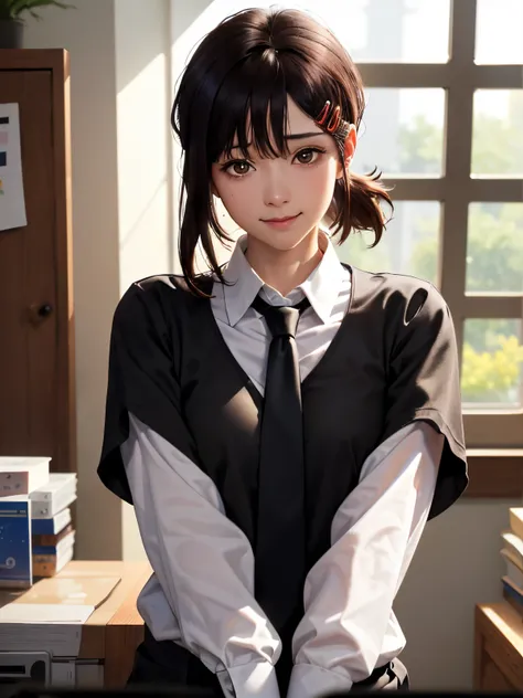 Masterpiece, Best Quality, Ultra-detailed, illustartion, epic lighting, cinematic  composition, isometric, 1girl, 独奏, Cute, Brown eyes, black hair, swept bangs, single sidelock, red hairclip, collared white shirt, black necktie, Black pants, formal, enchan...