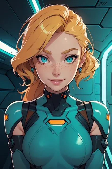 portrait of a beautiful, young, t cyborg woman, wearing skintight cybernetic technological, facial freckles, teal tooth nail polish, cybernetics in her face, head and arms, teal, white and orange body armor  l, with short blonde wavy hair, in a futuristic ...