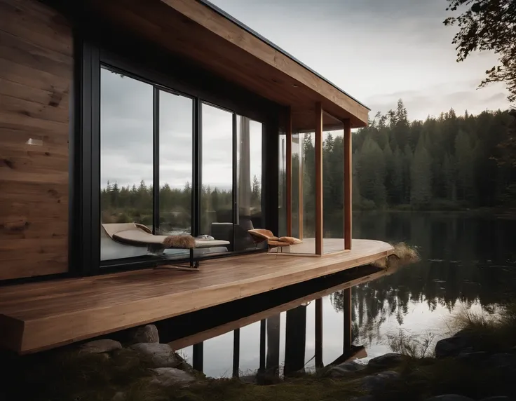 Exterior image of a tiny house duplex house in a Scandinavian nature, standing wood panel, mirror walls, avantgarde, sci-fi, science fiction, waterfall, panorama glass windows, forests, waterfall inside atrium, rocks, futuristic, floating, modern, natural ...