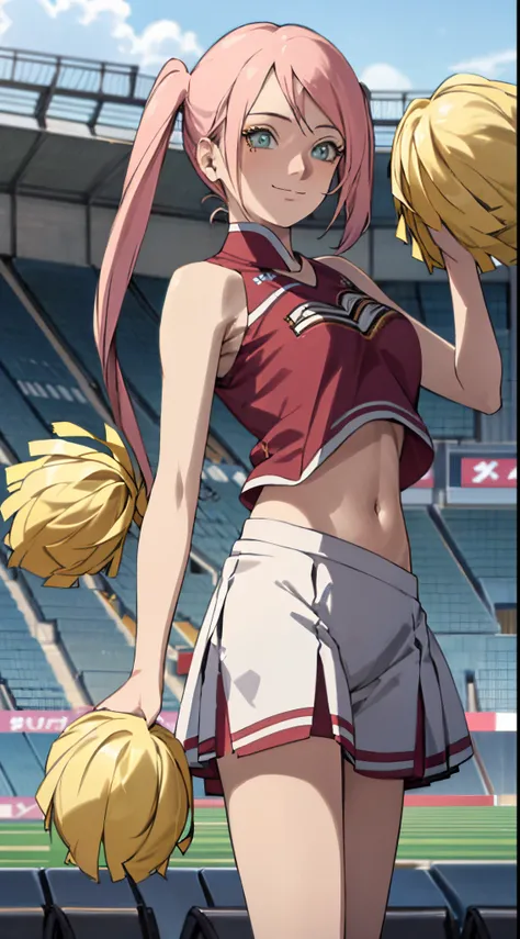 1 girl, japanese, 14 years old, white skin, medium chest, watching the view, (smile:1.5), 
beautiful detailed eyes, (long hair:1.4, twintails:1.7), (navel:1.1), 
(current cheerleader style:1.5), sports top exposed in the center, cheering, jumping, 
(beauti...