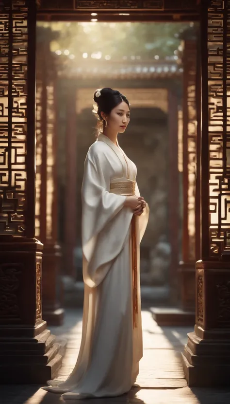 A high resolution, Female character with fox characteristics, Noble temperament, pointy ears, Keen eyes, fox charm, (((seductiv))), Gorgeous white robe, fluffy white tail, Holding a little white fox, Old Chinese palace, Dappled light and shadow, cinematic ...