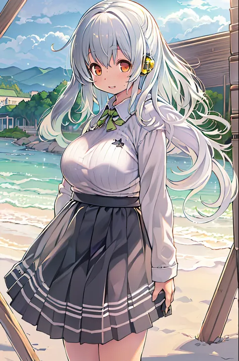 ((masutepiece)), ((Best Quality)), ((hight resolution)), ((the Extremely Detailed CG Unity 8K Wallpapers)), Solo, Tachibana plays, Tan School Uniform, Black skirt, White socks, Outdoors, Face, curtained hair, Beach, parted hair, Silver hair,huge-breasted