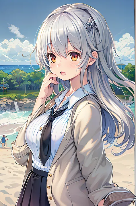 ((masutepiece)), ((Best Quality)), ((hight resolution)), ((the Extremely Detailed CG Unity 8K Wallpapers)), Solo, Tachibana plays, Tan School Uniform, Black skirt, White socks, Outdoors, Face, curtained hair, Beach, parted hair, Silver hair,huge-breasted