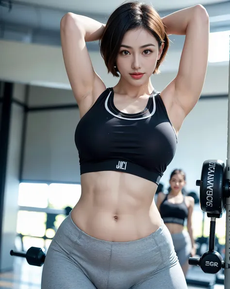 The highest image quality, High quality, 8K, (photographrealistic:1.4), (((Beauty 1 person))), Beautiful expression, Eyes and faces with detailed, (muscular body:1.2), (Sportswear:1.3), (Woman exercising in gym), Smiling, (Beautiful lighting:1.3)), Super D...