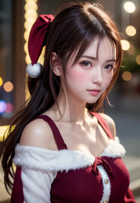 8K, of the highest quality, masutepiece:1.2), (Realistic, Photorealsitic:1.37), of the highest quality, masutepiece, Beautiful young woman, Pensive expression,、A charming、and an inviting look, cute santa clothes, Hair tied back, Cinematic background, Light...