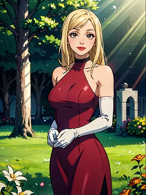 lucy_heartfilia, long hair, brown eyes, blonde hair, red dress, long dress, strapless dress, long white elbow gloves, smile, lig...