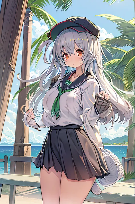 ((masutepiece)), ((Best Quality)), ((hight resolution)), ((the Extremely Detailed CG Unity 8K Wallpapers)), Solo, Tachibana plays, Tan School Uniform, Black skirt, White socks, Outdoors, Face, curtained hair, Beach, parted hair, Silver hair,huge-breasted