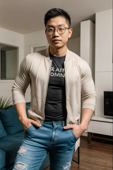 Andrew thomas huang, eyeglasses, short hair, (((neat muscular))), jacket, tshirt, ripped jeans, living room