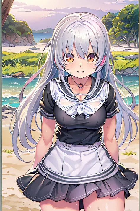 ((masutepiece)), ((Best Quality)), ((hight resolution)), ((the Extremely Detailed CG Unity 8K Wallpapers)), Solo, Tachibana plays, Tan School Uniform, Black skirt, White socks, Outdoors, Face, curtained hair, Beach, parted hair, Silver hair,huge-breasted