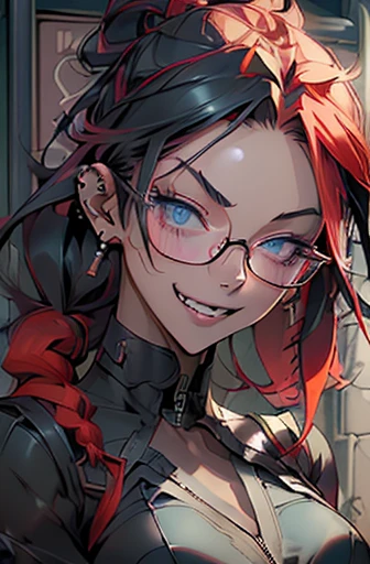 1nerdy Japanese 30yo woman with glasses, (braided multicolored hair:1.5), ((boyish)), (low pony tail:1.5), ((messy hair:1.0), (two-tone hair:1.5), (half black and half red hair:1.5)), ((on the left side is black hair:1.5), (on the right side is red hair:1....