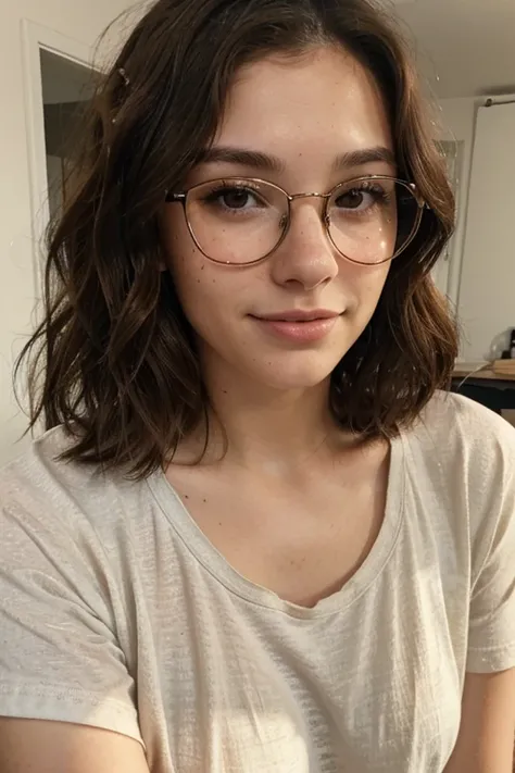 A beautiful, 21 years old woman with short wavy brown hair, brown eyes and freckles, happy facial expression, wearing glasses and a plain t shirt.