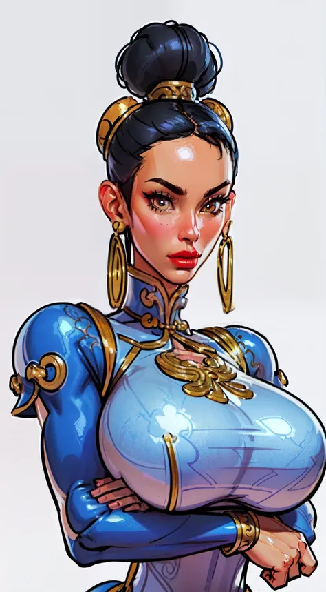 ((masterpiece)),(((best quality))),((character design sheet)),  ((chun_li)), ((full body view))  mature face, ((middle eastern eyes:1.4)),  (((intricate futuristic breastplate))), defined cheekbones, high cheekbones, illustration, muscular, sexy bimbo, (gi...