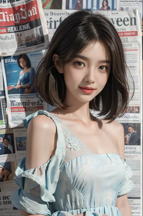 (Masterpiece, Best Quality, High Resolution),(newspapers Background),a sweet Girl,((shoulder length bob Hair)),straight Hair,small head,small face,clear face,detailed eyes,big watery eyes,detailed face,(dress made of newspapers,Gorgeous newspaper patterned...