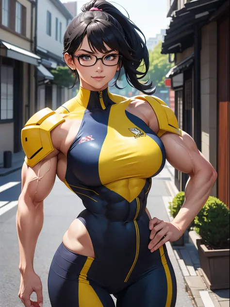 Transcendent beauty illustration、Beautiful adult woman,Japan anime game style,street fighter２Nash&#39;Female figure,((Muscular beauty :1.５))、８K,Black hair,Huge braid ponytail,Ahoge,Yellow-green fighting suit、Silver-rimmed glasses、Smile proudly、(A hyper-rea...