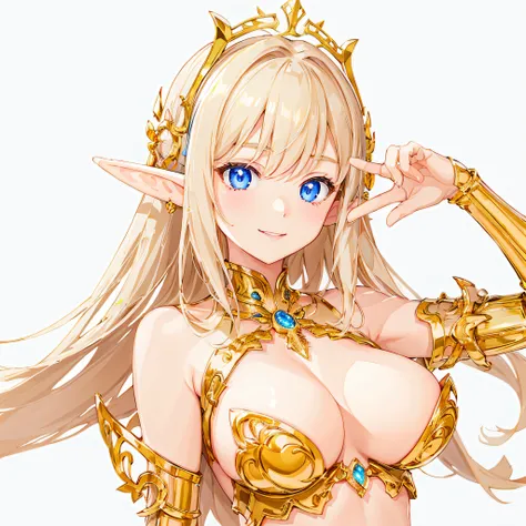 ​masterpiece、top-quality、ighly detailed、hight resolution、１６ｋ、fullnude、teats、Boob proportions、golden armour、Very thin skirt、Black pants、Full body like、Very white skin、Beautiful fingers、Anime girl with very big breasts posing naked、Perfect Style、elvish、no-br...