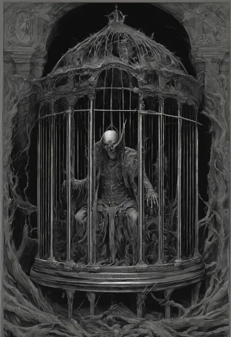 Lucifer in a mystical cage in hell, scary, epic, apocalypse, very detailed, Greg Rutkowski, Jesper Ejsing, Jean Ansell, Justin Gerard