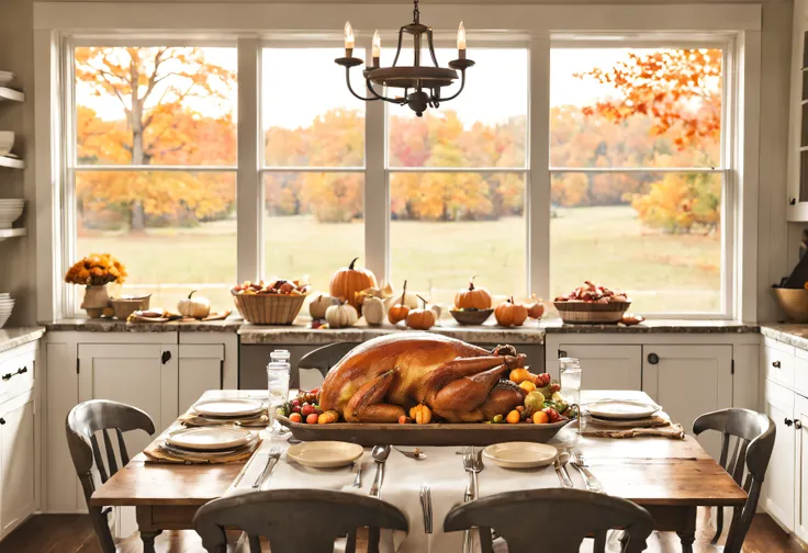 Farmhouse style kitchen table, full of thanksgiving food, view of fall through the windows